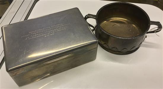 Circular silver presentation 2-handled bowl & cigarette box to Capt Michael Hall, 2nd Bat. Royal Warwicks. Regt.